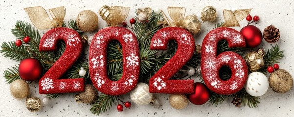 Festive 2026 New Year banner with bold red glitter numbers and holiday decorations