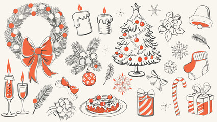 Festive christmas elements including wreath candles tree and gifts in a decorative arrangement