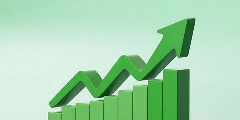 Upward green arrow on rising financial graph depicting business growth, financial