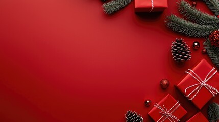 Colorful gifts, pine cones, and holiday decorations create a cheerful atmosphere for a festive celebration on a red backdrop