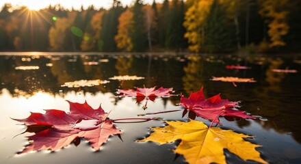 Vibrant red and yellow autumn leaves floating on calm water in a serene forest lake during a sunny day