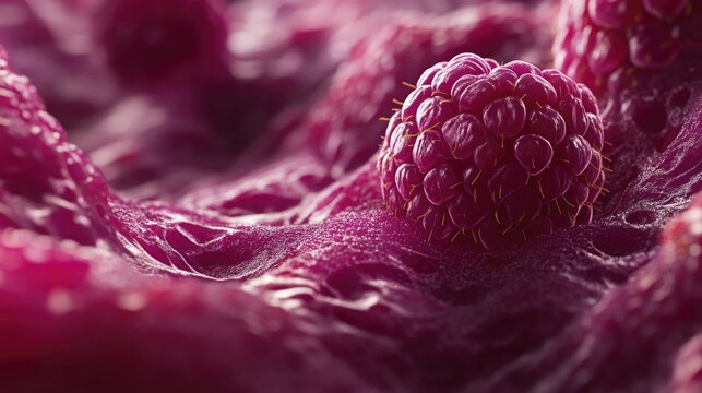A close-up of a raspberry showcasing its textured surface and vibrant color.