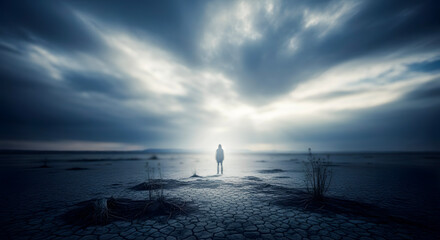 A lone figure robed in white walks towards a celestial light breaking through dramatic clouds over a desolate, cracked earth landscape