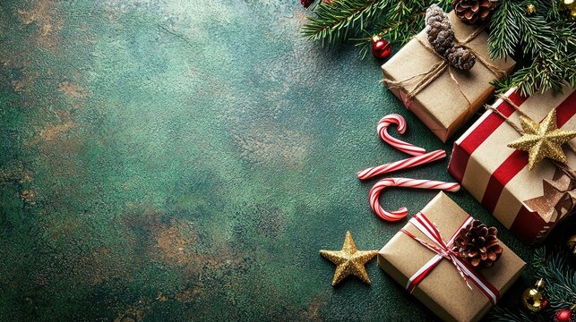 Brightly wrapped presents and candy canes display the joy of the holiday season against a vibrant green backdrop