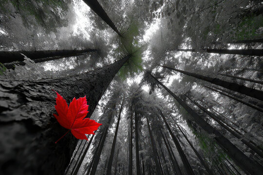 Red Maple Leaf on Dark Tree Trunk in Black and White Forest Low Angle View - Powered by Adobe