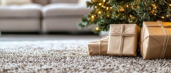 Wrapped presents sit beside a decorated Christmas tree, glowing lights and festive ornaments creating a warm atmosphere