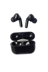 Black modern wireless headphones isolated on white background. Copy space