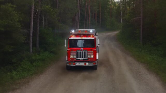 cami&oacute;n de bomberos rojo circulando por un camino rural en medio de un bosque frondoso. El veh&iacute;culo avanza lentamente levantando polvo del camino de tierra, con reflejos realistas en la carrocer&iacute;a.