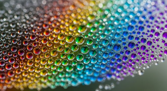 Close-up view of colorful bubbles, showcasing a spectrum of vibrant hues and reflective surfaces.