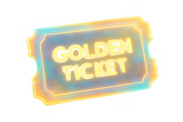 Golden ticket glowing with iridescent light, granting access, invitation, and lucky chance on transparent background