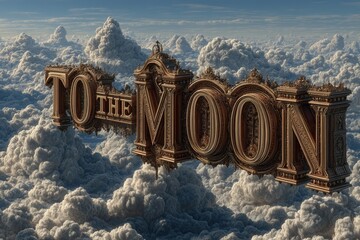 Realistic design HD caricature of a living word "TO THE MOON" in big bold jazzy font letters, heaven clouds in the background, desire of sharp, dramatic and infinite price rise of crypto asset theme 