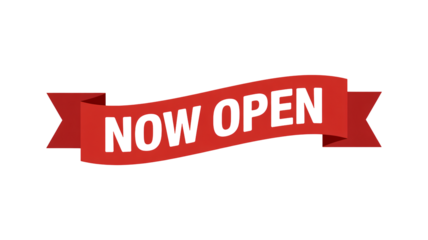 Bold now open banner on red ribbon welcomes customers to your business