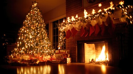 Colorfully knitted stockings are hung by a fire, next to a decorated tree, capturing the cozy spirit of the holiday season