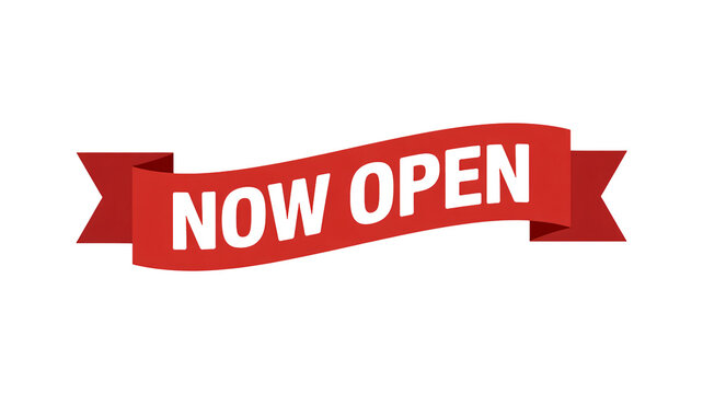 Bold now open banner on red ribbon welcomes customers to your business