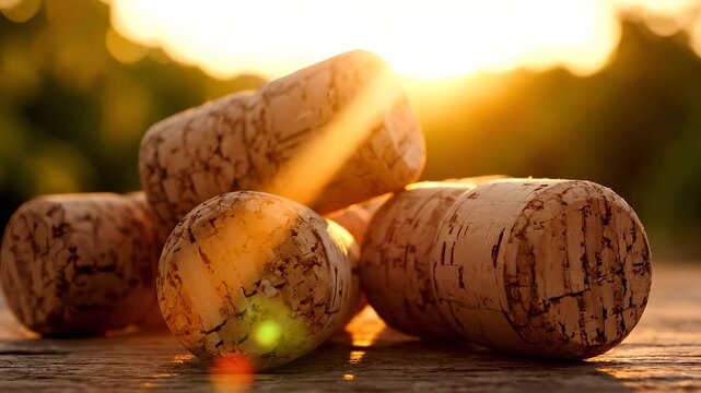 A collection of wine corks rests on a wooden table, illuminated by the warm glow of the setting sun. The corks lie scattered, showcasing their unique textures and organic shapes.