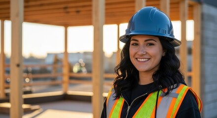 Smiling young woman in hard hat and safety vest at construction site on bright sunny day