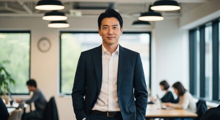 Confident Asian businessman stands smiling with hands in pockets in a bright open modern office space