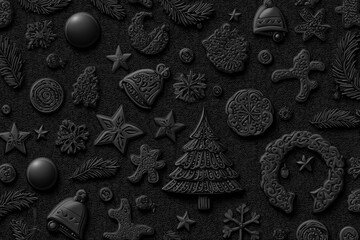 Seamless luxury wallpaper pattern of a christmas theme featuring only christmas related items, matte black tone-on-tone design background