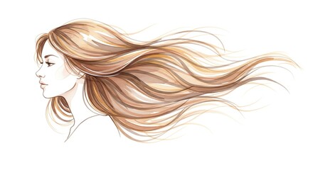 A watercolor illustration of a woman's profile, showcasing flowing, light brown hair against a white background.