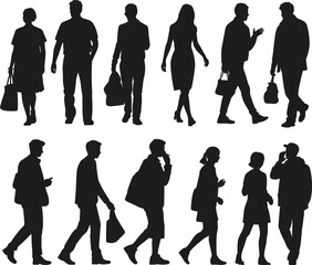 Urban people walking, standing, silhouette collection, diverse poses, casual fashion, crowd movement, black figures, city lifestyle, vector art, flat vector illustration
