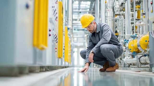 Expert Inspection in Industrial Setting: A diligent professional in a safety helmet conducts a meticulous inspection, focusing on details within a complex industrial setting.