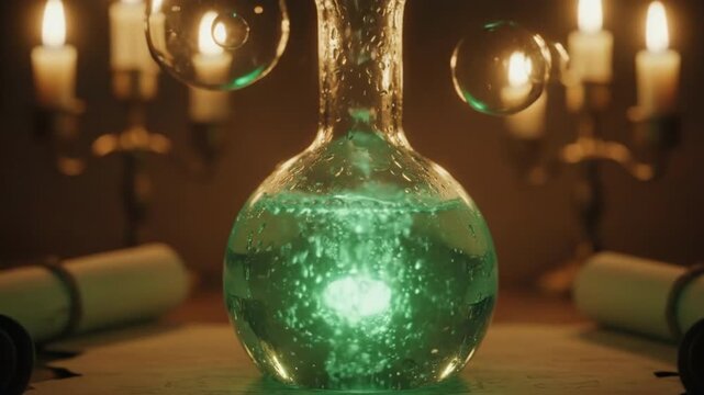 Mysterious glowing potion bubbles in a vintage laboratory.