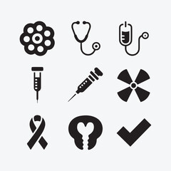 Healthcare, Pathology, and Cancer Awareness Glyph Icon Set with Stethoscope, Microscope, and IV