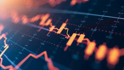 Close-up of digital financial charts and graphs on a dark blue background, with orange accents. Data visualization, charts, and graphics.. - Powered by Adobe