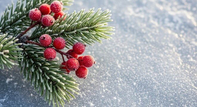 Frosted pine branch with red berries outside on a bright cold winter day with sparkling snow