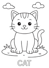 kitten sitting neatly on grass, perfect for children learning about pets.