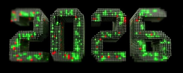 2026 in glowing green dots on a black background, futuristic numbers formed by illuminated cubes