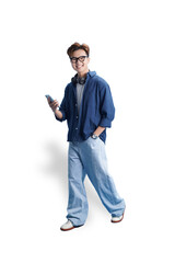 Stylish Solo Stroll: A trendy individual with headphones around the neck navigates through an urban...