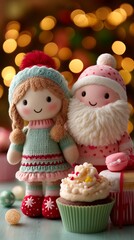 Cute Christmas dolls arranged with  festive cupcakes, and a cheerful Santa doll on a bright holiday table filled with cozy lights and joyful seasonal charm