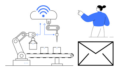 Robotic arm assembling packages on conveyor, cloud connectivity signal, person observing, and message icon. Ideal for technology, automation, IoT, communication, innovation smart logistics