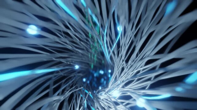 Dynamic fiber optic data flow. Abstract glowing blue, green light trails through intertwined cables. Represents high-speed internet, digital communication, global network, modern technology. Future