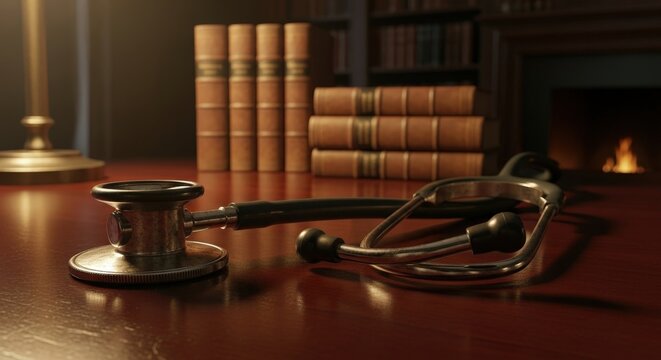 Stethoscope resting on a dark wooden desk in a classic study room with bookshelves and a cozy fireplace at night
