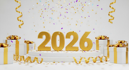 White stage with a golden 2026 centerpiece and presentation boxes, symbolizing success and a joyous new year celebration.
