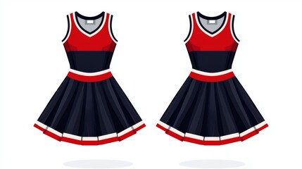 Stylish cheerleader dresses in red and navy with white stripes, perfect for sports events or dance performances.