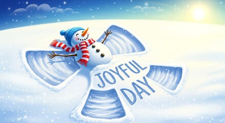 A cheerful snowman making a snow angel in a snowy landscape on a bright, sunny day.