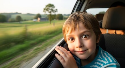 A young boy with blond hair looks out of a car window with a surprised expression.
