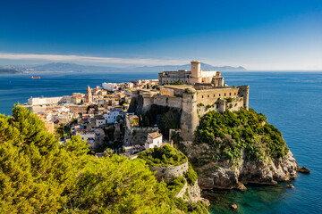 Gaeta, Latina, Lazio, Italy. A splendid view of the city from the top of Monte Orlando. The imposing Angevin-Aragonese castle dominates the ancient village overlooking the sea from the clifftop.