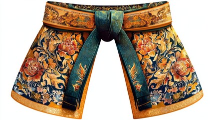 A beautifully crafted ceremonial garment featuring intricate floral designs and vibrant colors, representing traditional artistry.