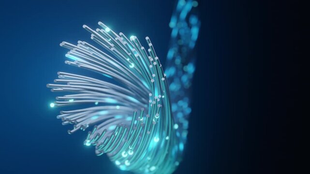 Fiber optic cables transmitting data, glowing blue light. High-speed internet, digital network, modern communication technology. Abstract background, global connection, future information transfer