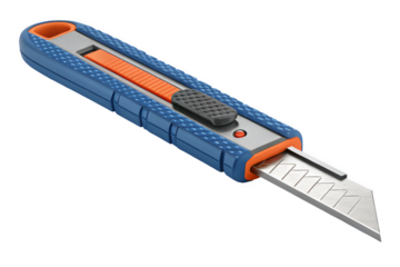 Blue and orange utility knife with retractable blade isolated on transparent background