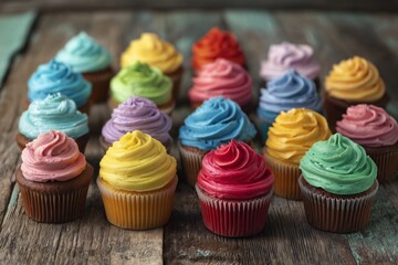 Colorful Cupcakes Arranged in a Grid on a Rustic Wooden Surface Ready for a Celebration