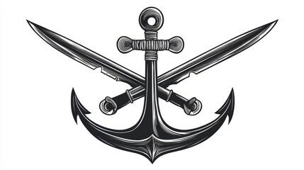 Detailed illustration of an anchor and swords, symbolizing maritime culture and adventure.