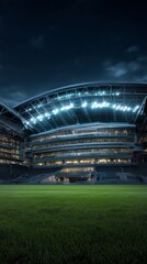 Fototapeta premium Stadium View at Night Highlighting the Glowing Lights and Empty Field Ready for an Event