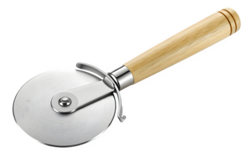 Sharp stainless steel pizza cutter with wooden handle isolated on transparent background