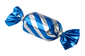 Blue and white striped candy wrapper isolated on transparent background