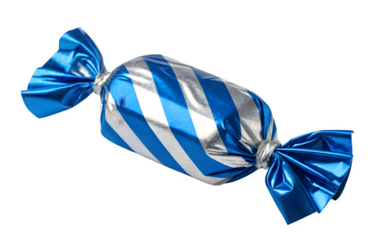 Blue and white striped candy wrapper isolated on transparent background